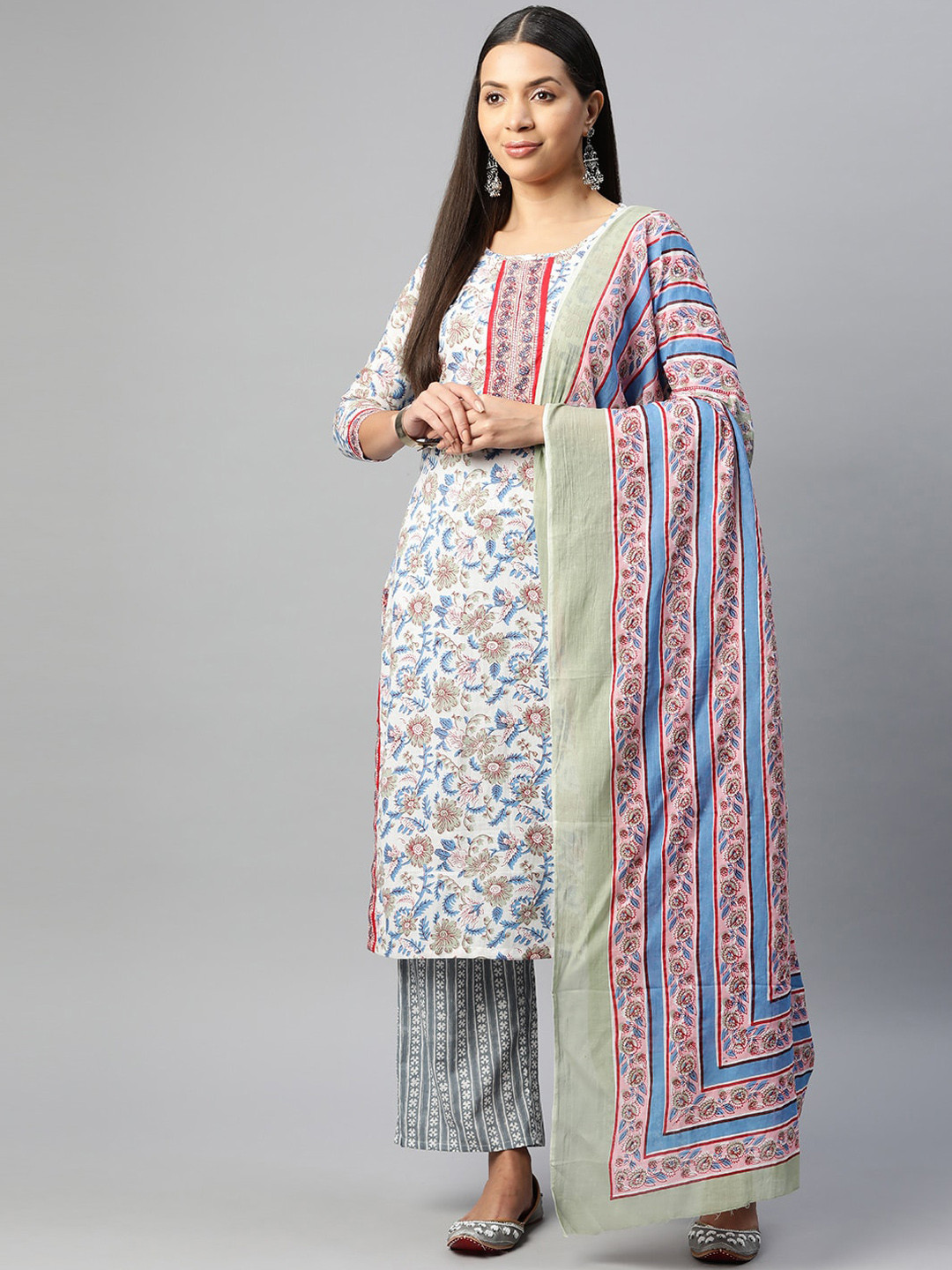 

BUTA BUTI Floral Printed Regular Pure Cotton Straight Kurta with Trousers & Dupatta, White