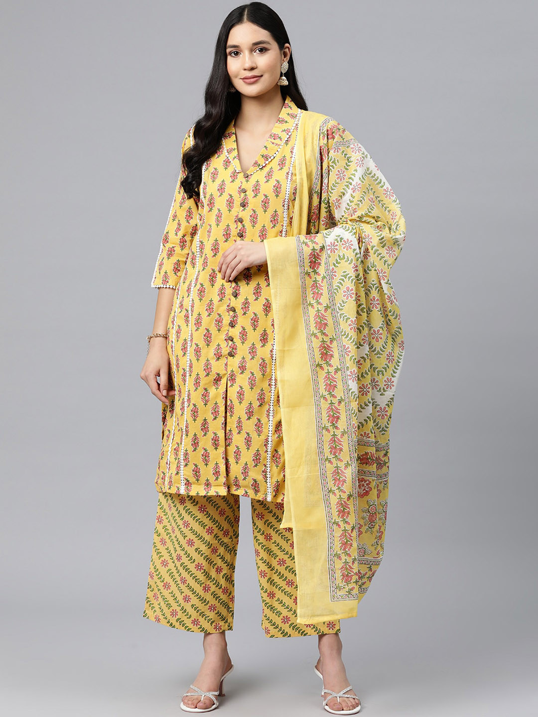 

BUTA BUTI Floral Printed Regular Gotta Patti Pure Cotton Kurta With Trousers & Dupatta, Yellow