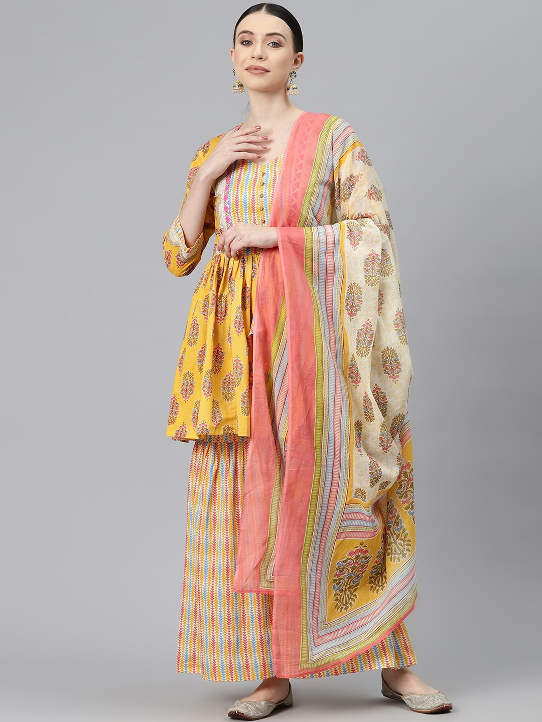 

BUTA BUTI Floral Printed Pure Cotton A-Line Kurta With Sharara & Dupatta, Yellow