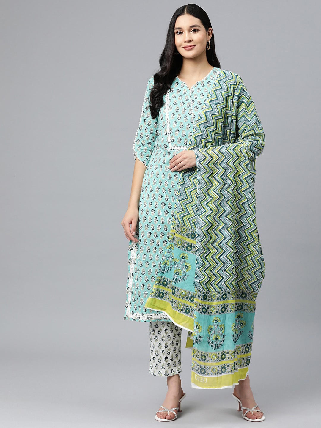 

BUTA BUTI Floral Printed Regular Gotta Patti Pure Cotton Kurta With Trousers & Dupatta, Green
