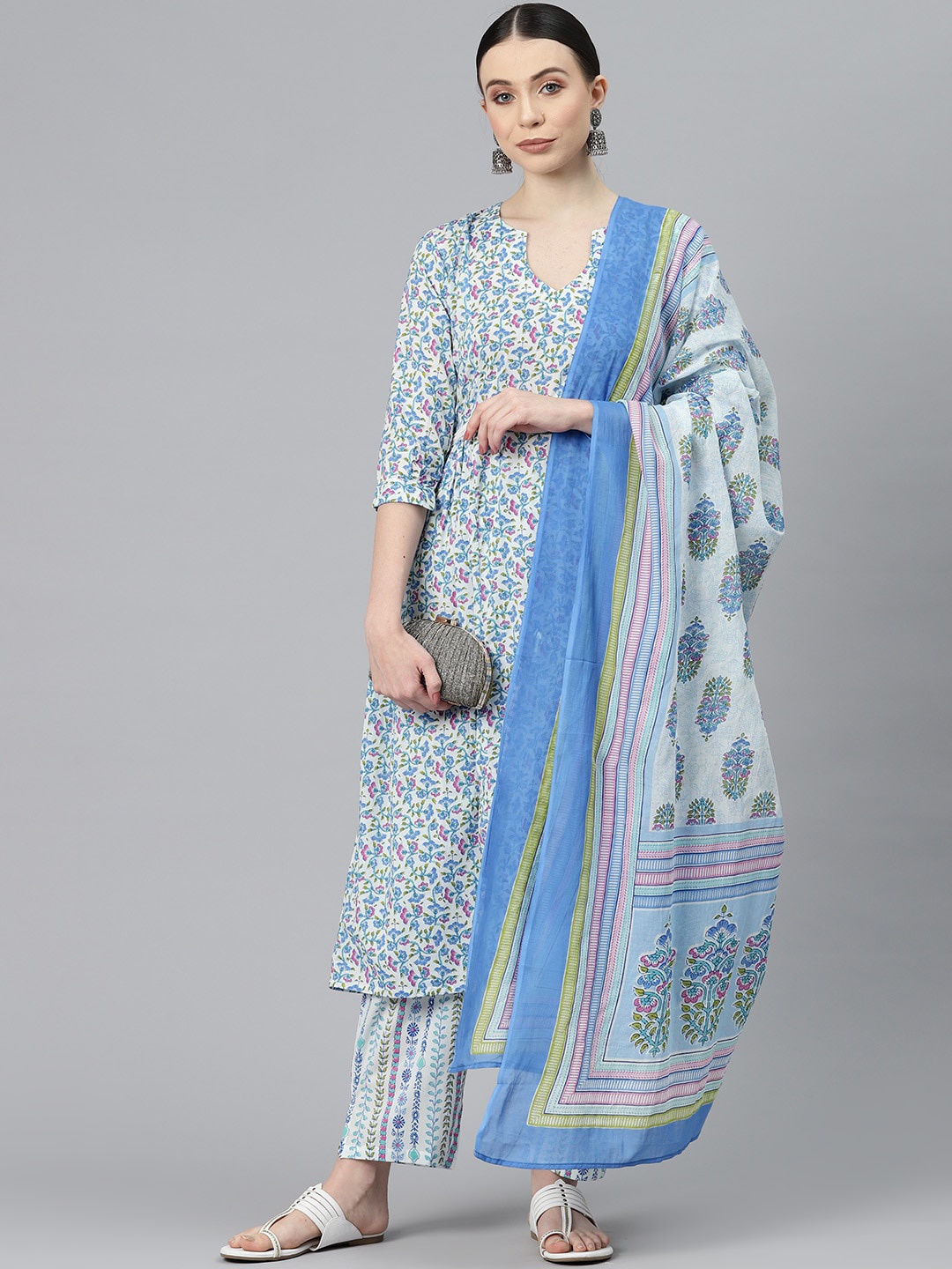 

BUTA BUTI Floral Printed Pure Cotton V-Neck Straight Kurta With Trousers & Dupatta, Blue