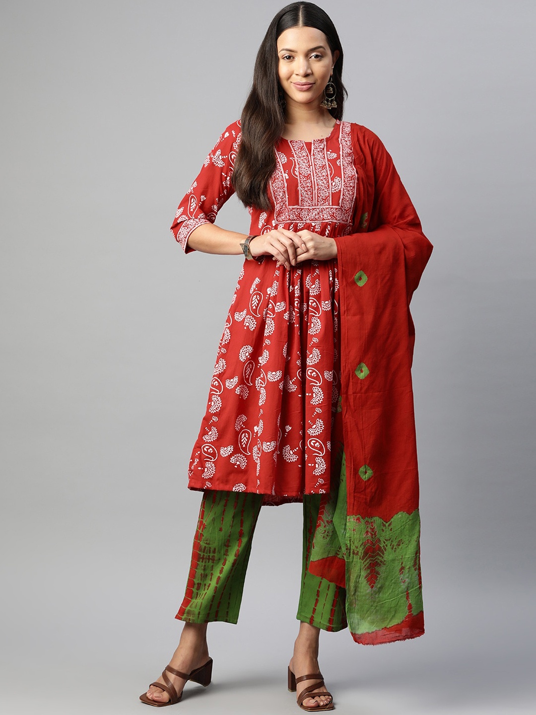 

BUTA BUTI Floral Printed Regular Pure Cotton A-Line Kurta With Trousers & Dupatta, Red