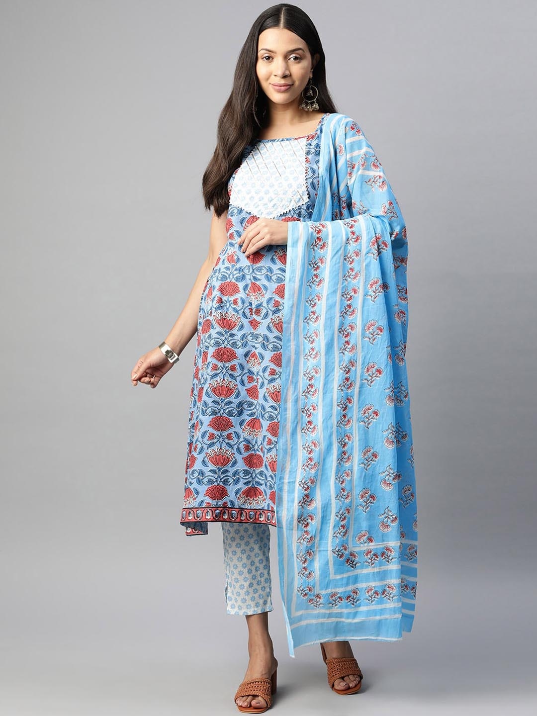 

BUTA BUTI Floral Printed Regular Gotta Patti Pure Cotton Kurta With Trousers & Dupatta, Blue