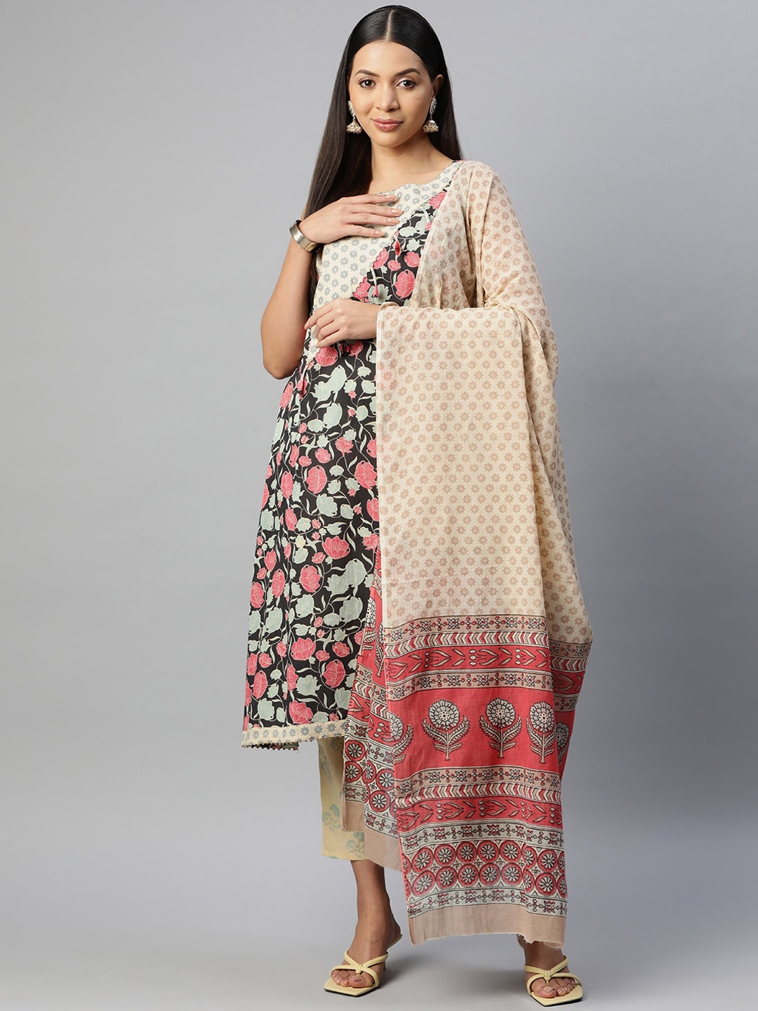 

BUTA BUTI Floral Printed Regular Gotta Patti Pure Cotton Kurta With Trousers & Dupatta, Beige