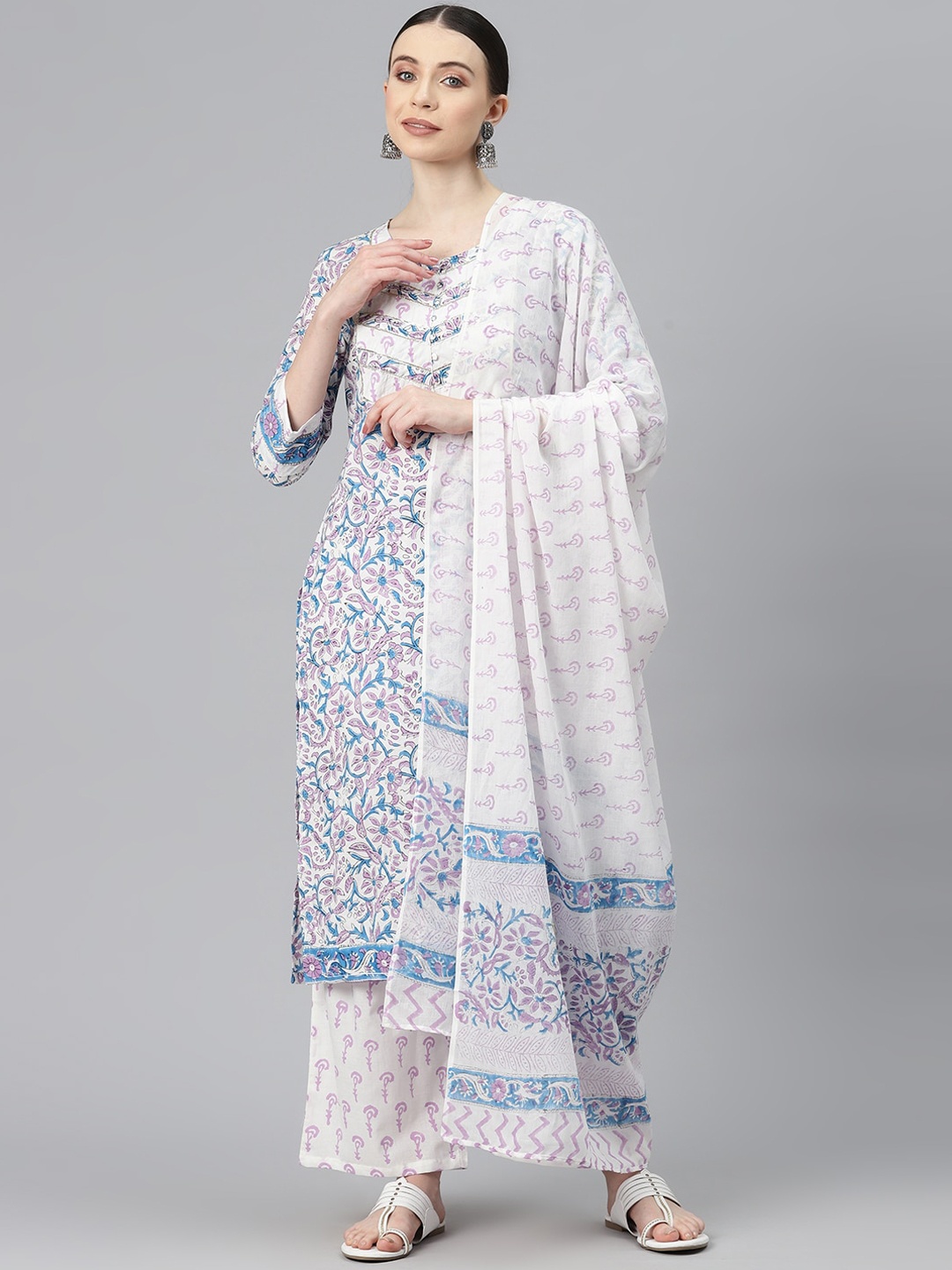 

BUTA BUTI Floral Printed Round Neck Pure Cotton Straight Kurta with Trousers & Dupatta, Blue