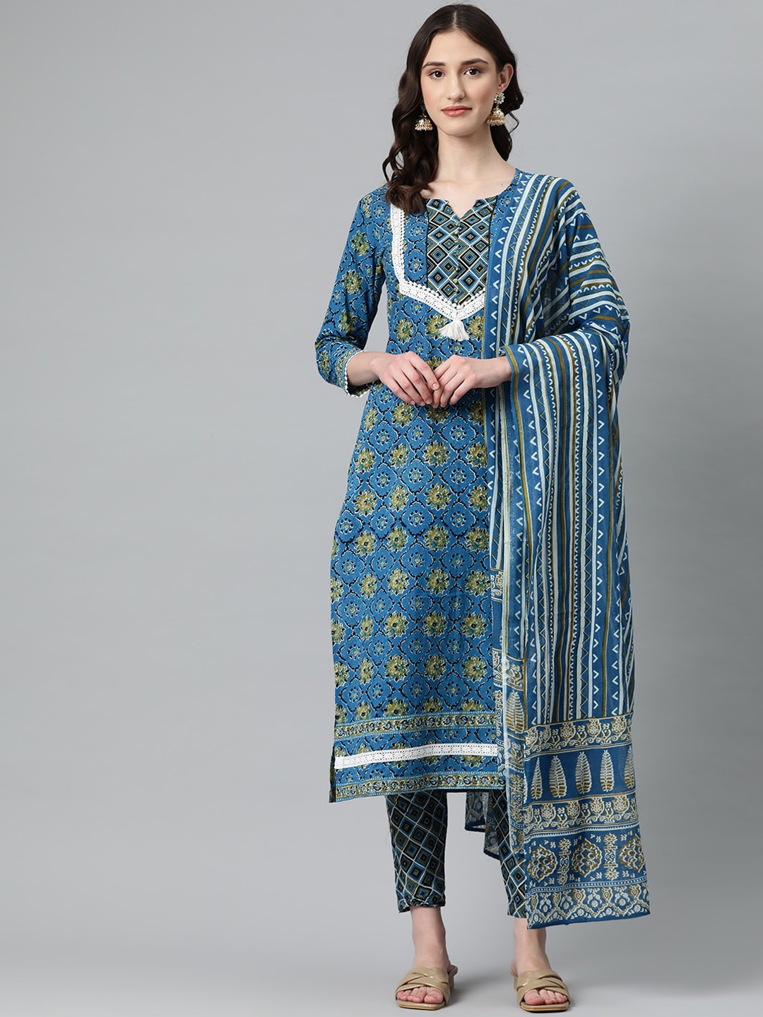 

BUTA BUTI Floral Printed Round Neck Pure Cotton Kurta with Trousers & With Dupatta, Blue