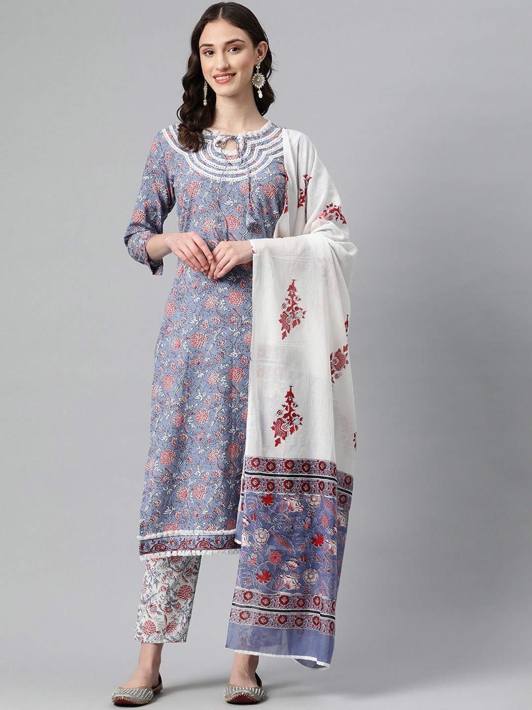 BUTA BUTI Floral Printed Boat Neck Pure Cotton Straight Kurta with Trousers & Dupatta, Blue