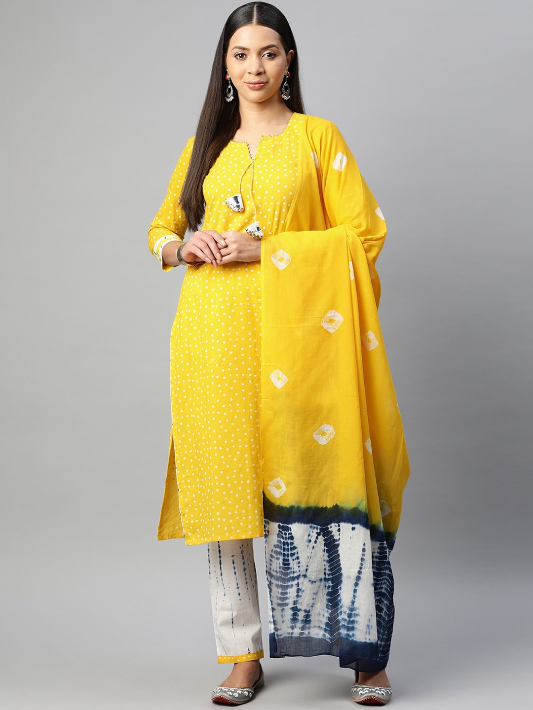 

BUTA BUTI Geometric Printed Regular Gotta Patti Pure Cotton Kurta With Trousers & Dupatta, Yellow