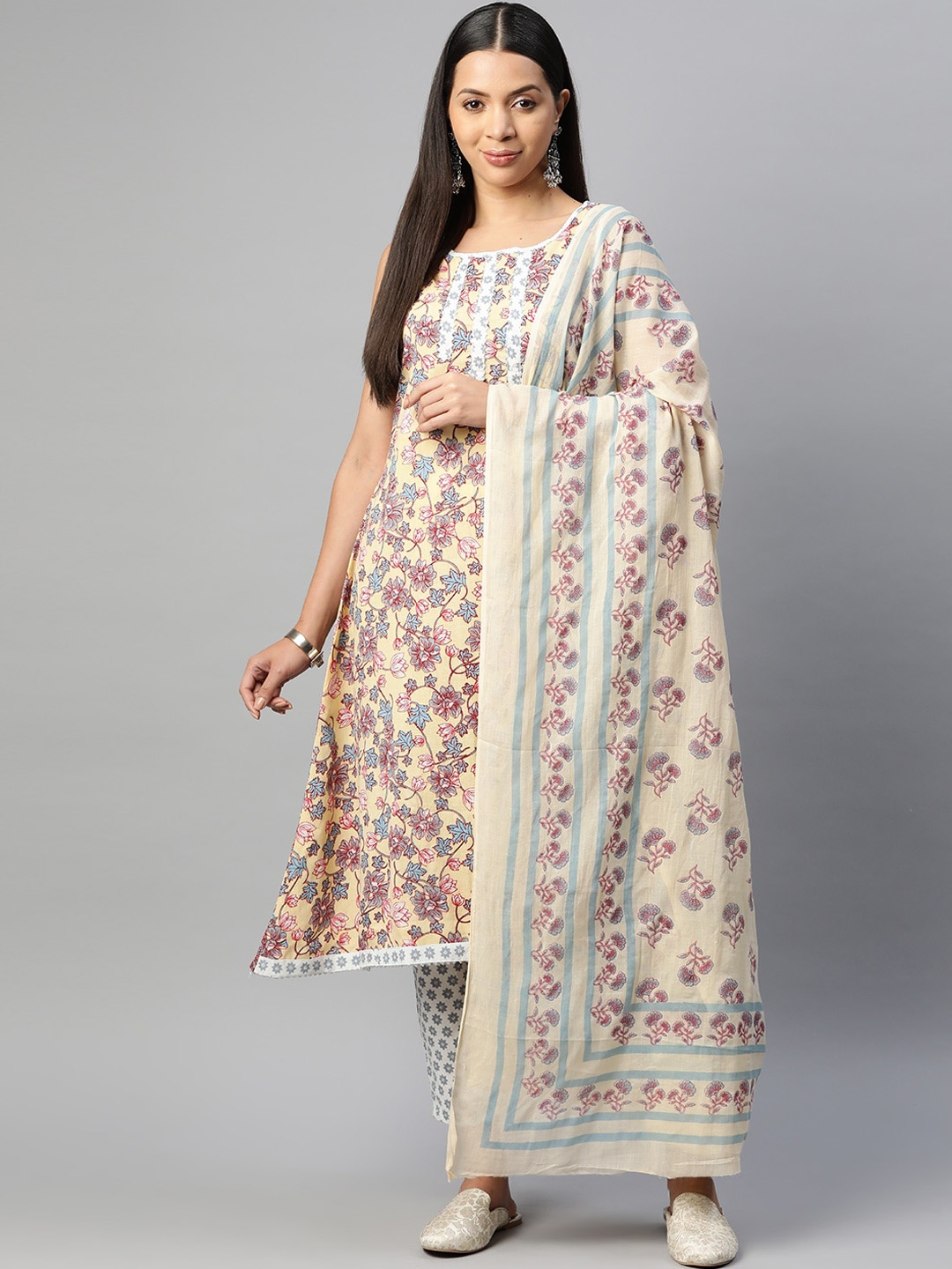 BUTA BUTI Floral Printed Regular Gotta Patti Pure Cotton Kurta With Trousers & Dupatta, Beige
