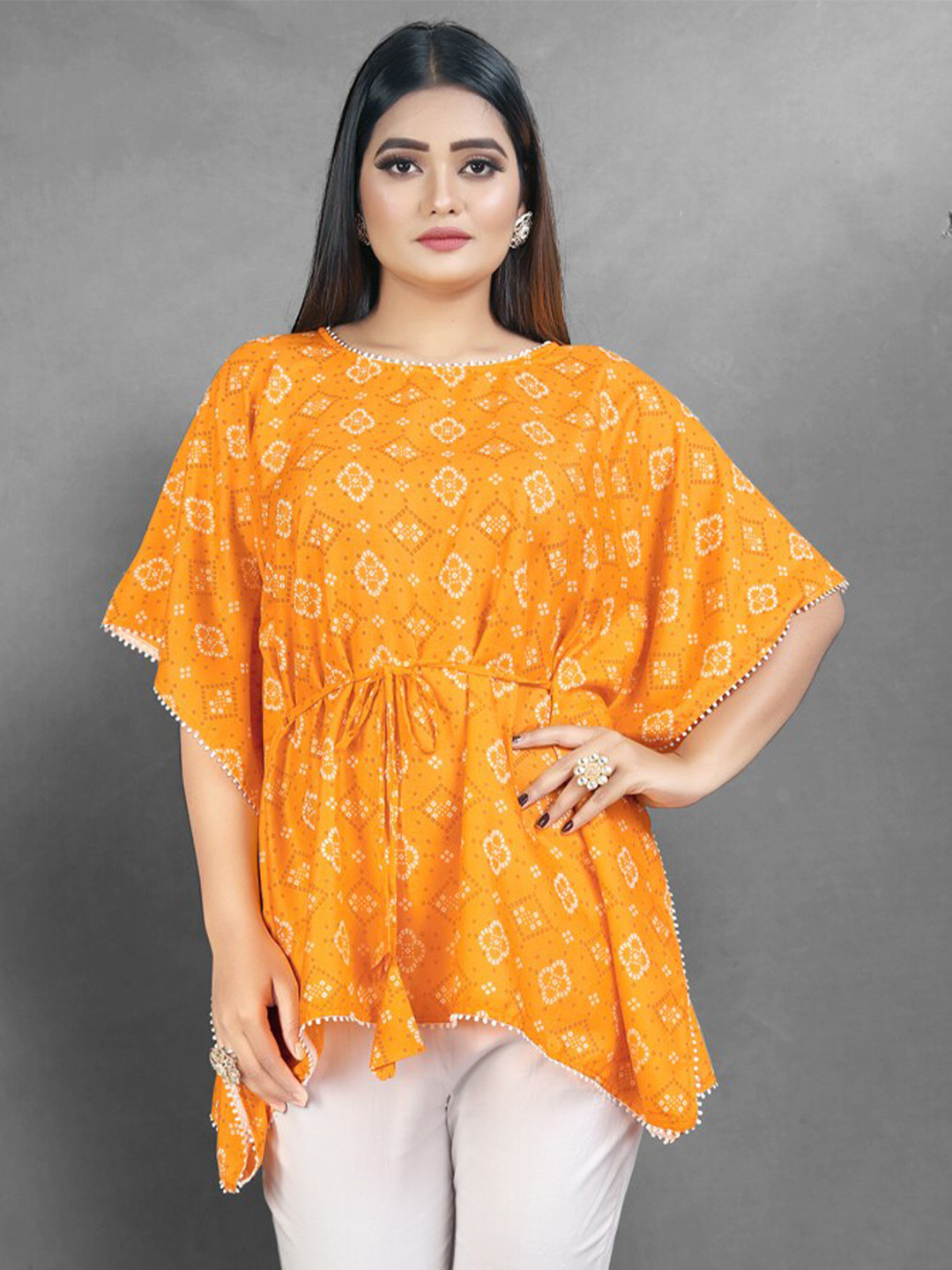 

TIKODI Floral Print Kimono Sleeve Cotton Kaftan Top, Yellow