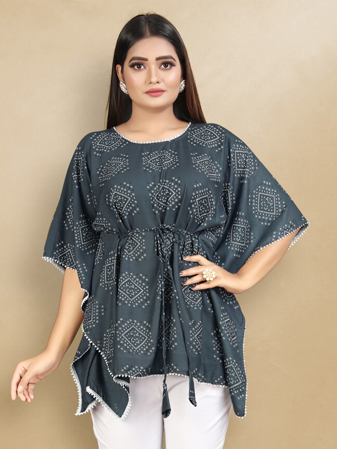 

TIKODI Floral Print Kimono Sleeve Cotton Kaftan Top, Grey