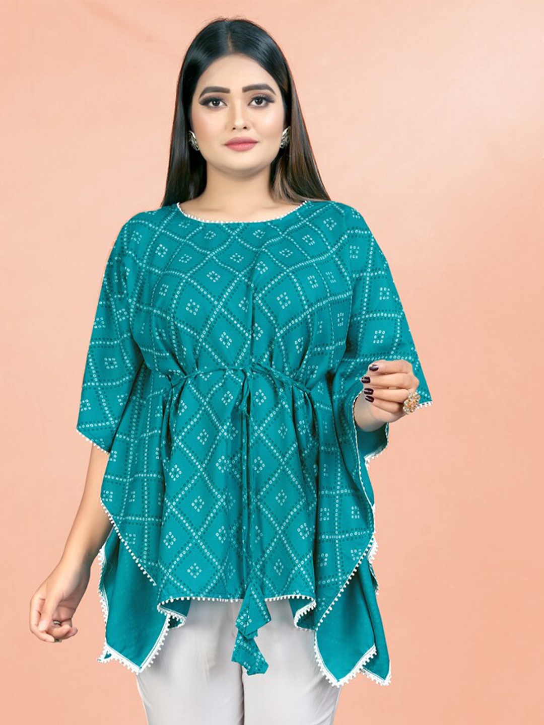 

TIKODI Kimono Sleeve Cotton Kaftan Top, Turquoise blue