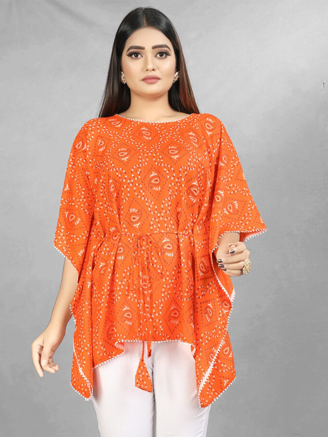 

TIKODI Bandhani Print Kimono Sleeve Cotton Kaftan Top, Orange