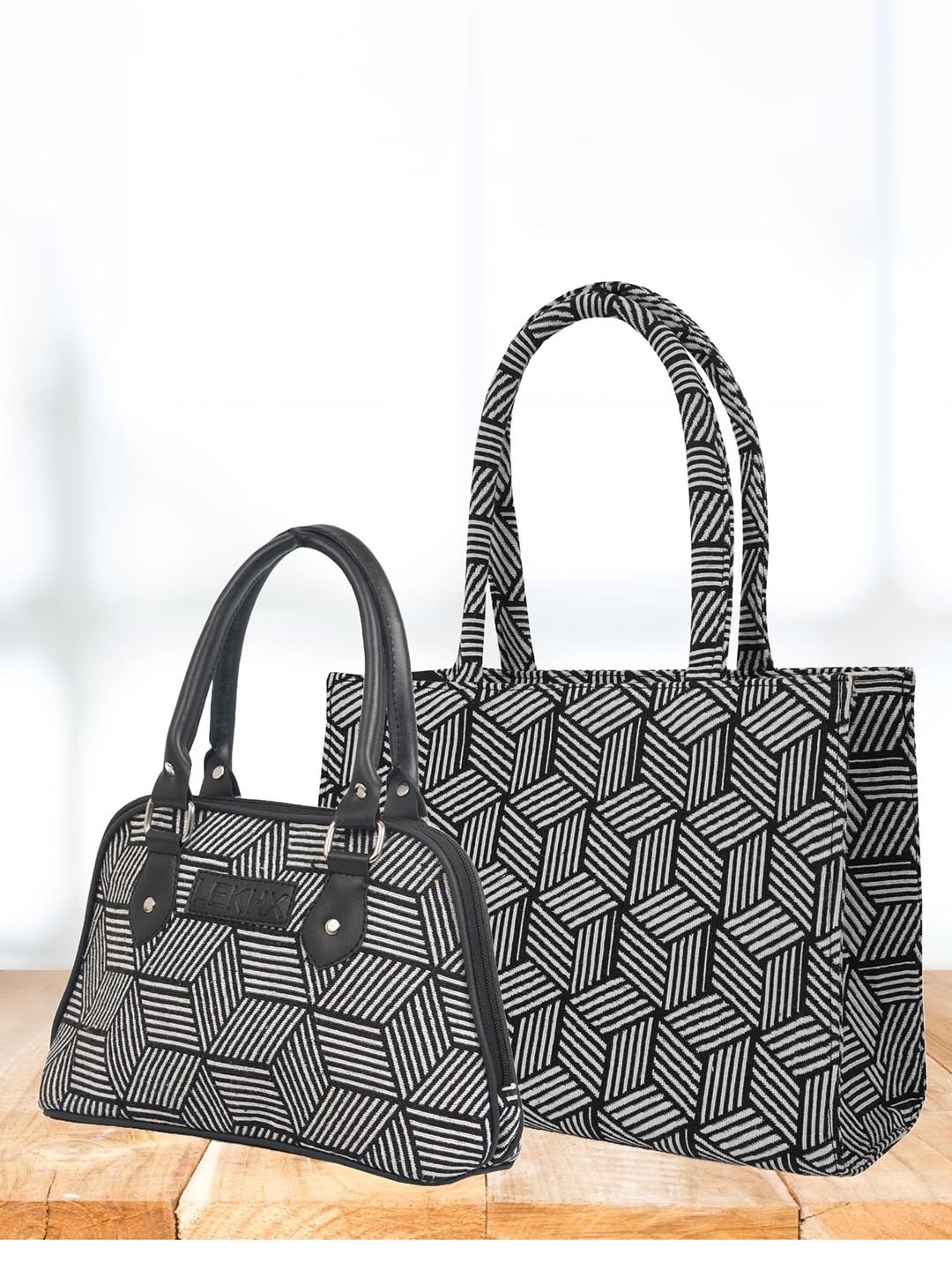 

LEKHX Textured Shopper Tote Bag With Handheld Bag, Black