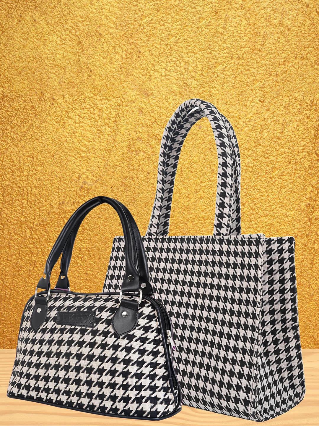 LEKHX Checked Shopper Tote Bag With Handheld Bag, Black