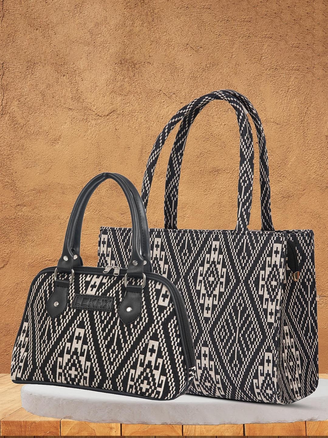 

LEKHX Textured Shopper Tote Bag With Handheld Bag, Black