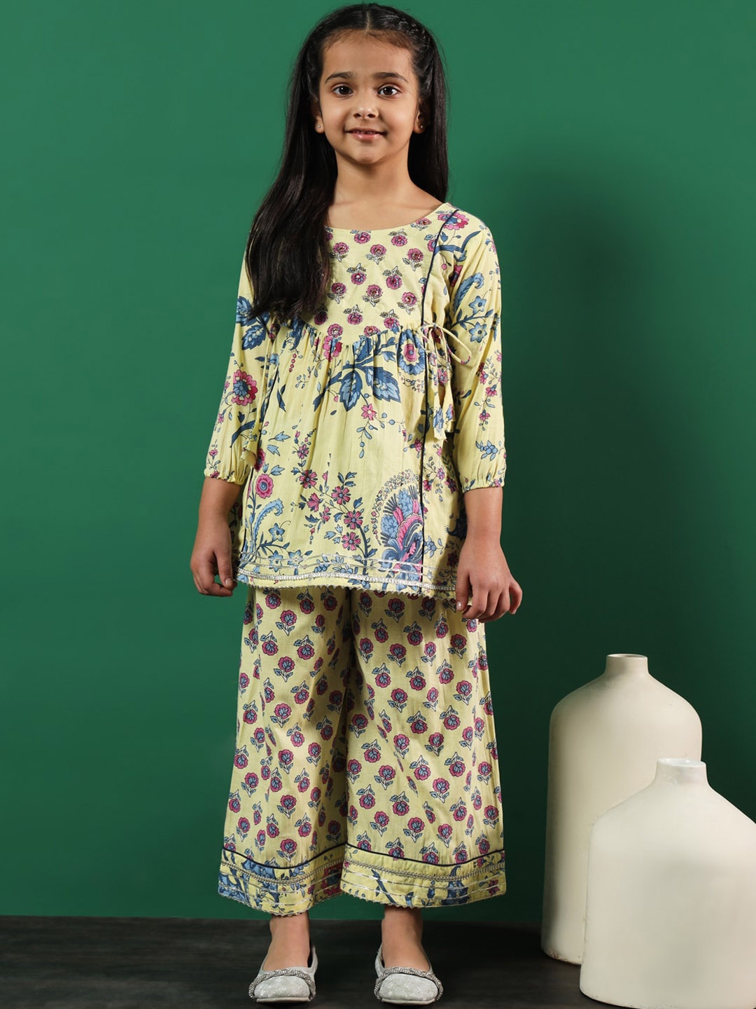 

Readiprint Infant Girls Floral Printed Empire Pure Cotton Kurti with Palazzos, Yellow