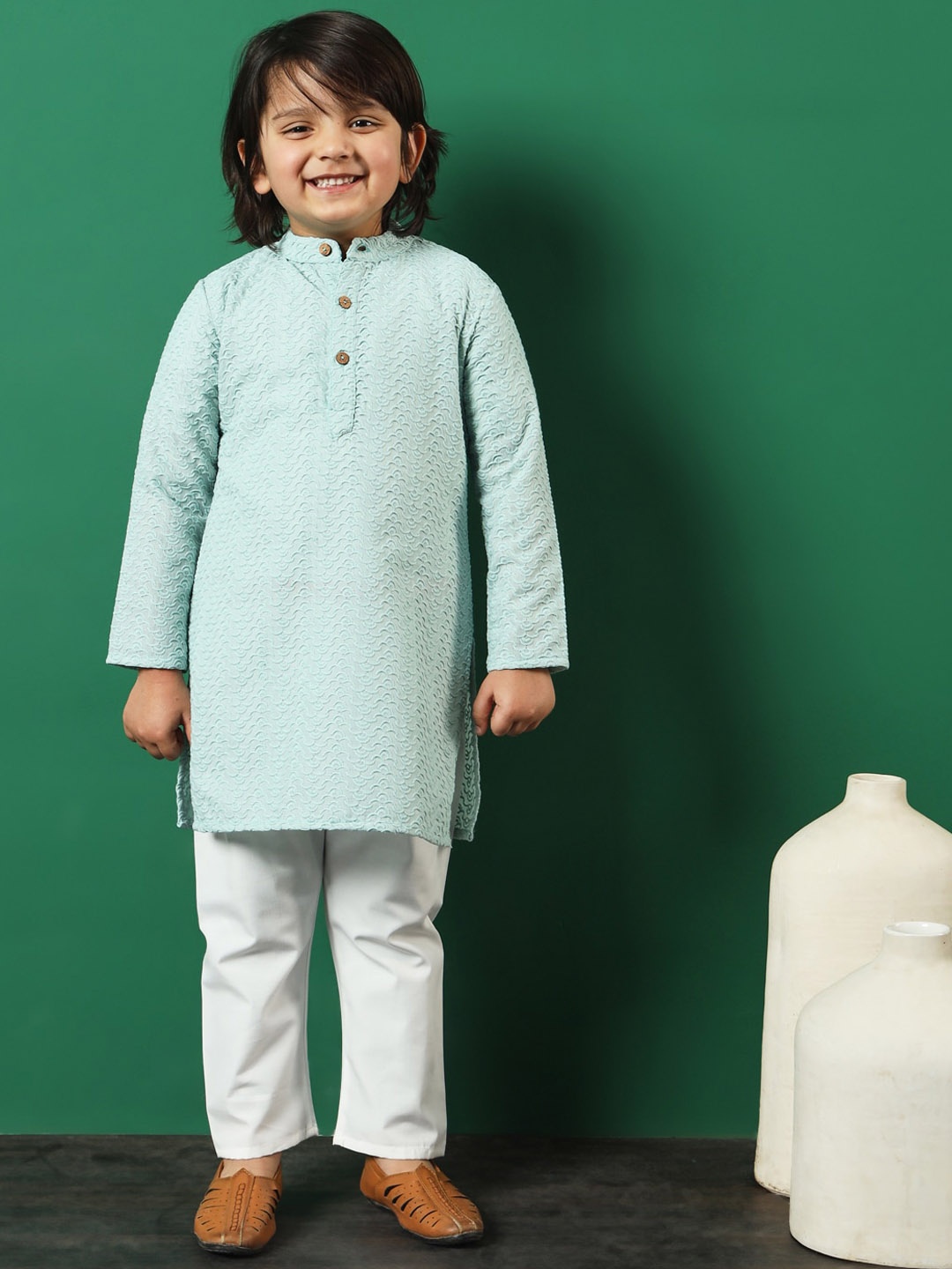 

Readiprint Infant Boys Floral Embroidered Pure Cotton Kurta with Pyjamas, Sea green