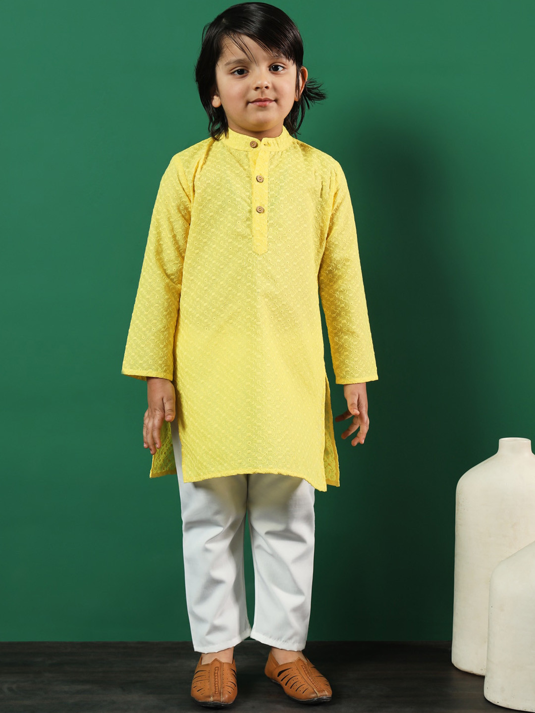 

Readiprint Infant Boys Floral Embroidered Pure Cotton Kurta with Pyjamas, Yellow