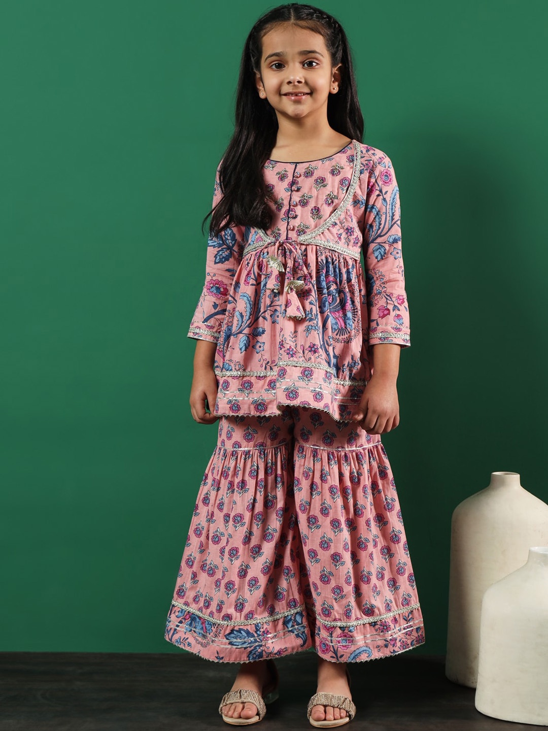 

Readiprint Girls Floral Printed Empire Pure Cotton Kurti with Sharara, Peach
