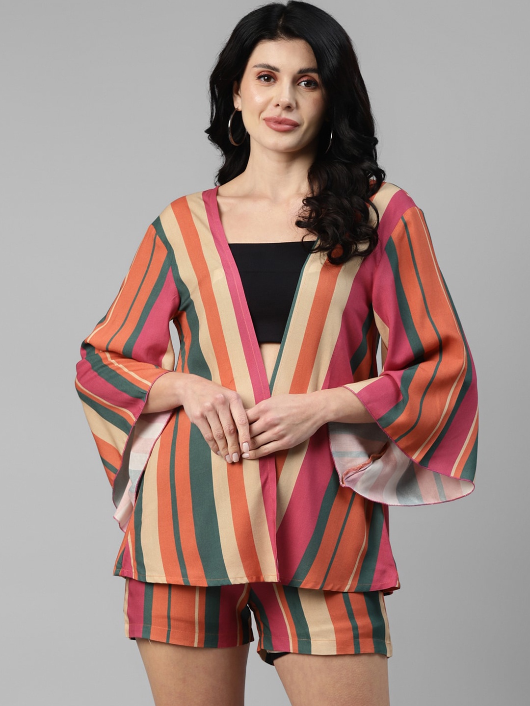 

DEEBACO Striped Shrug & Flared Shorts Co-Ords, Orange