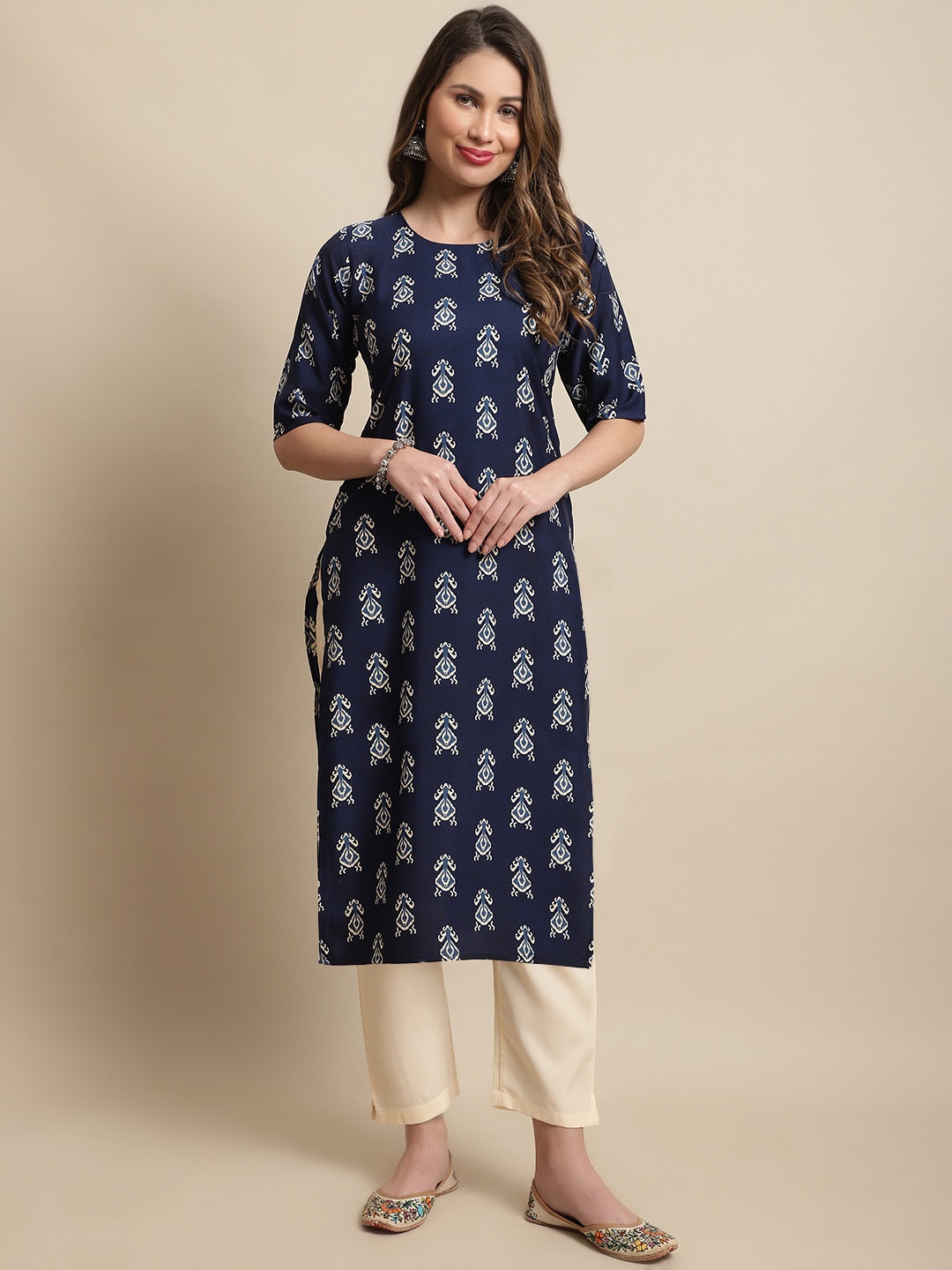 

7Threads Ethnic Motifs Printed Regular Patchwork Kurta with Trousers, Navy blue