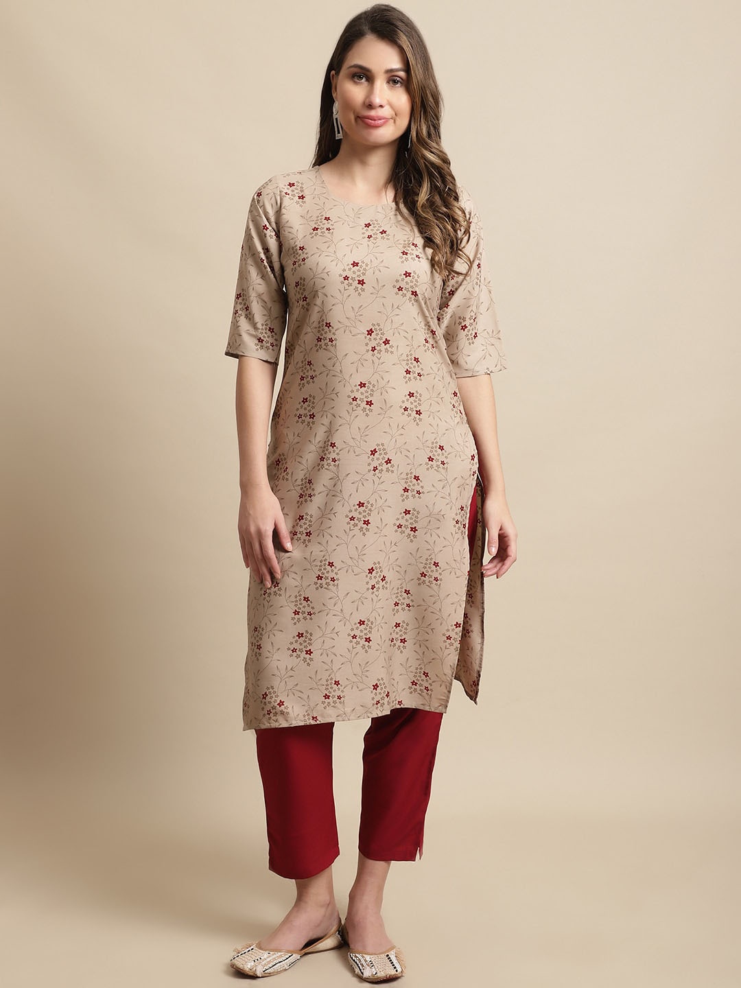 

7Threads Floral Printed Round Neck Kurta with Trousers, Beige