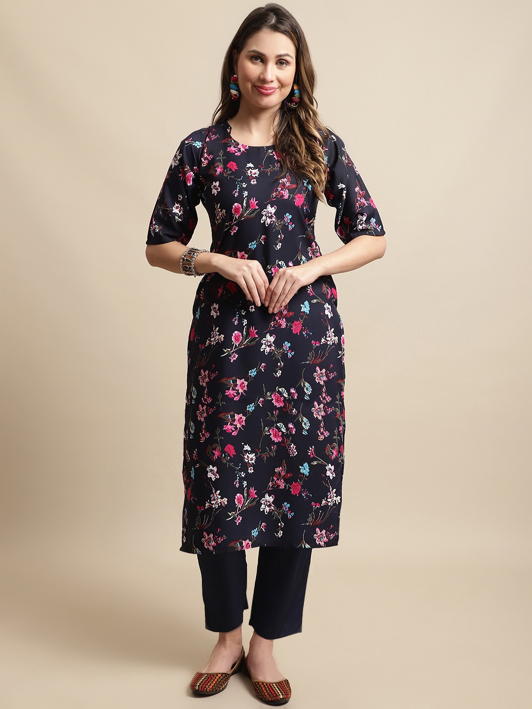 

7Threads Ethnic Motifs Printed Kurta with Trousers, Navy blue