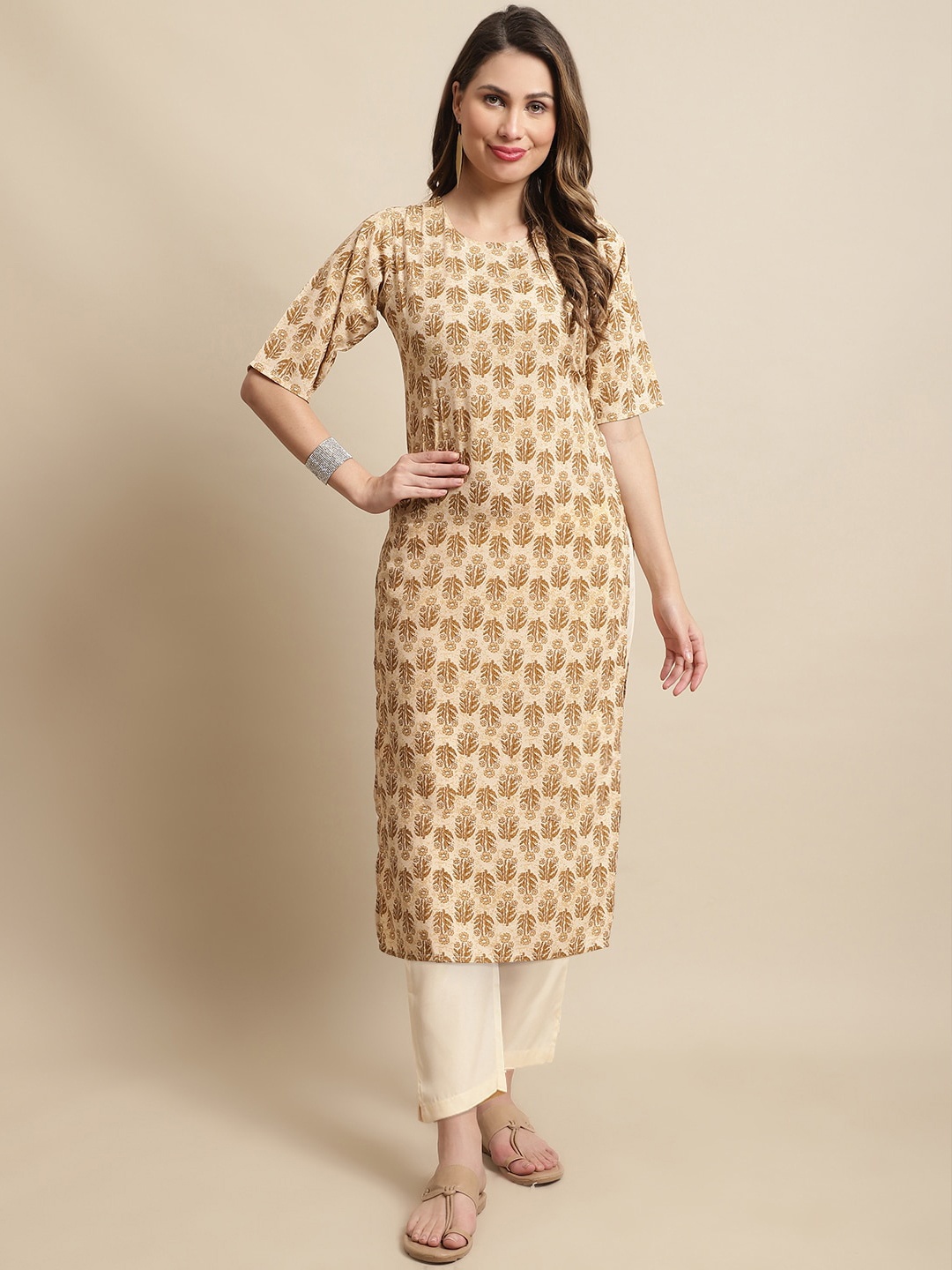 

7Threads Ethnic Motifs Printed Kurta & Trouser, Cream