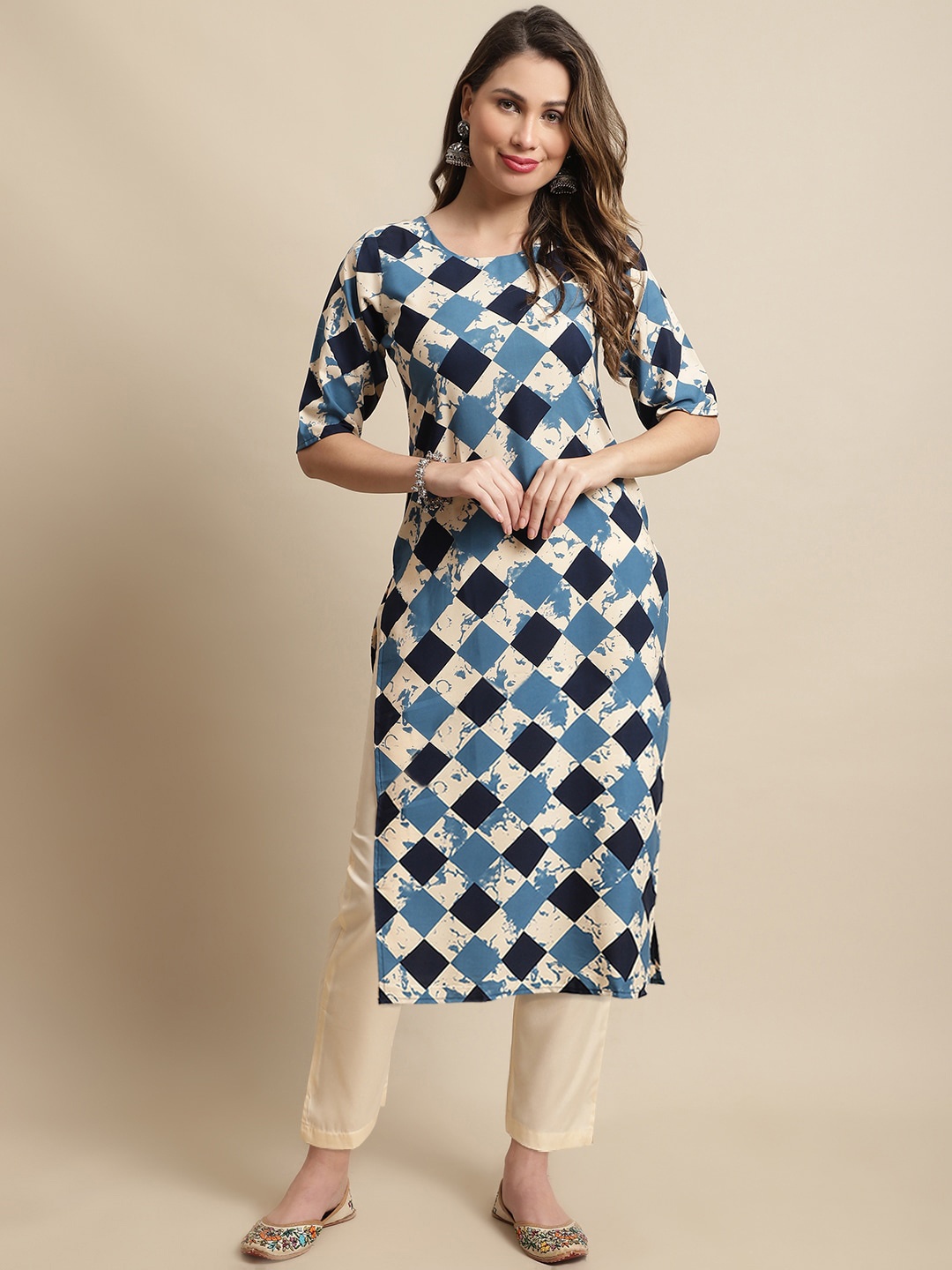 

7Threads Geometric Printed Round Neck Kurta with Trousers, Blue