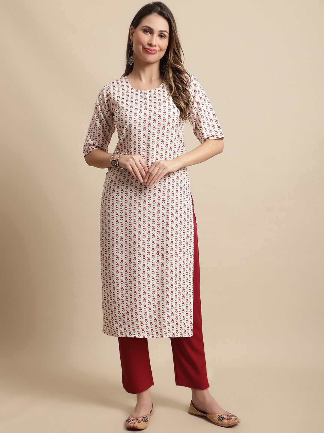 

7Threads Floral Printed Round Neck Three-Quarter Sleeves Patchwork Kurta with Trousers, White