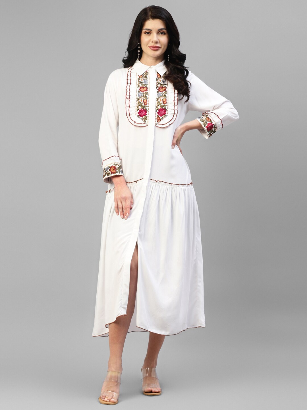 

DEEBACO Floral Embroidered Shirt Collar Midi Shirt Dress, White