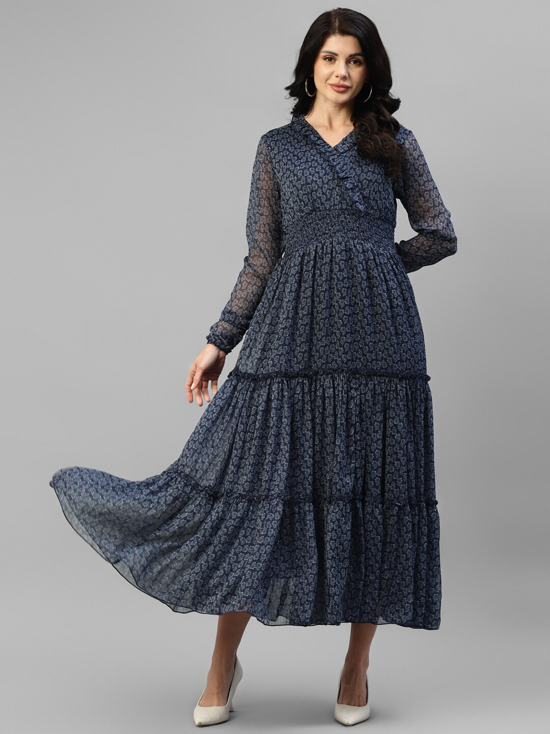 

DEEBACO Floral Printed Chiffon Tiered Fit And Flare Maxi Dress, Navy blue