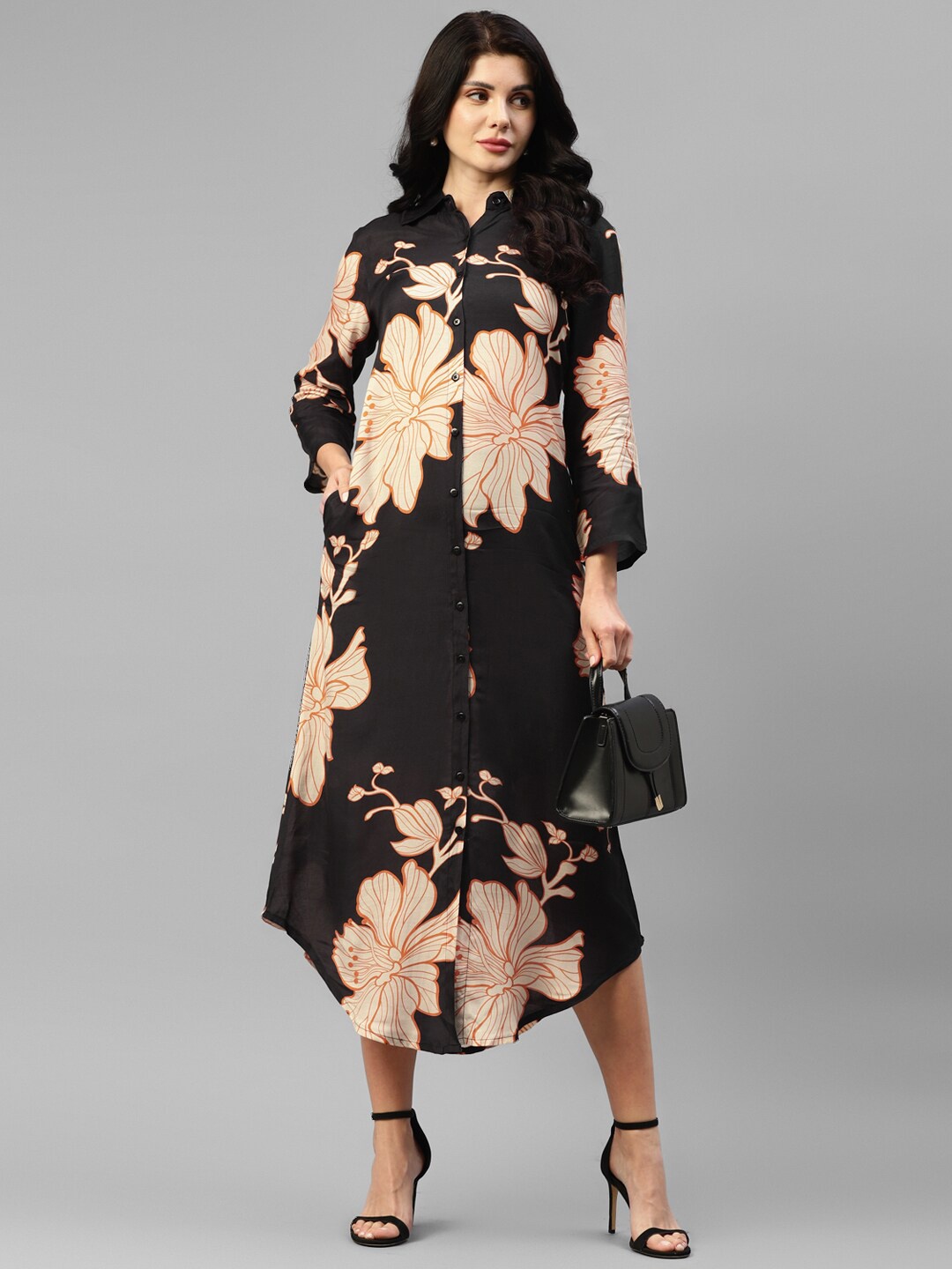 

DEEBACO Floral Printed Midi Shirt Dress, Black