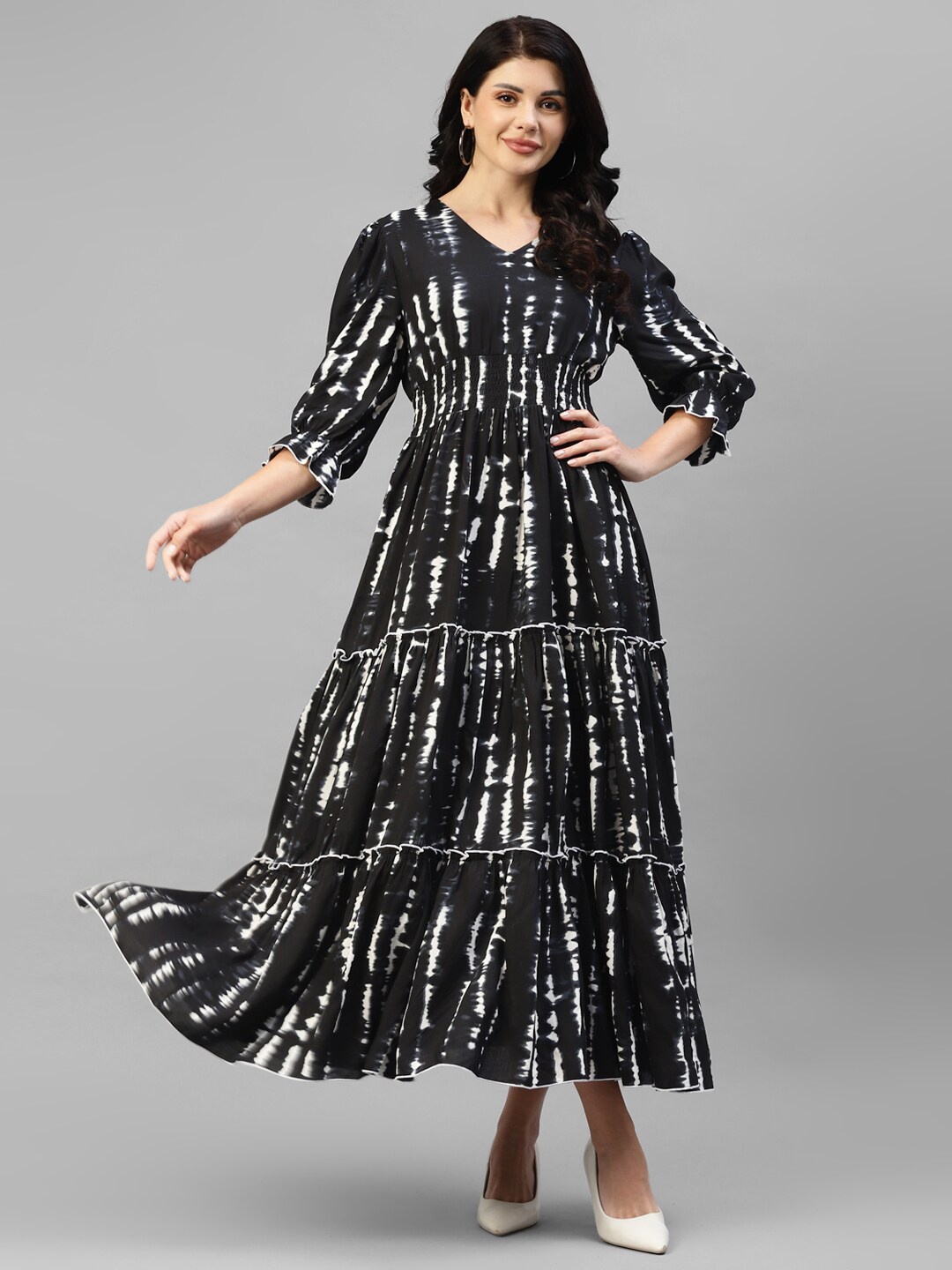 

DEEBACO Tie And Dye Printed Puff Sleeves Tiered Fit And Flare Maxi Dress, Black