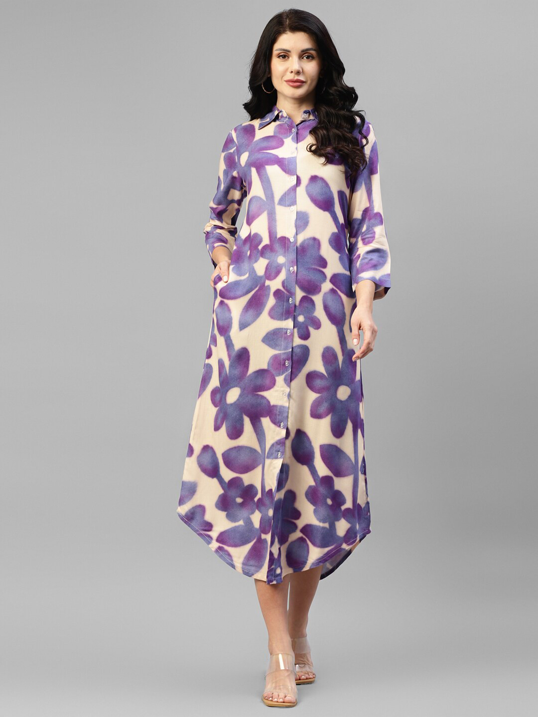 

DEEBACO Floral Printed Midi Shirt Dress, Purple