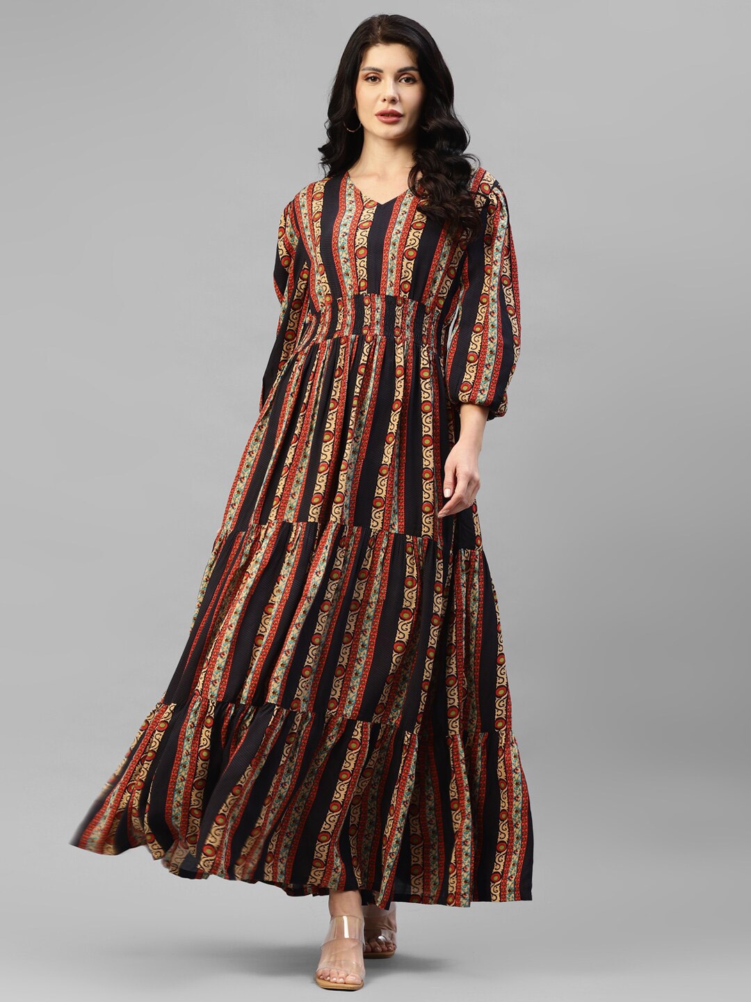 

DEEBACO Ethnic Motifs Printed Puff Sleeve Tiered Fit And Flare Maxi Dress, Brown