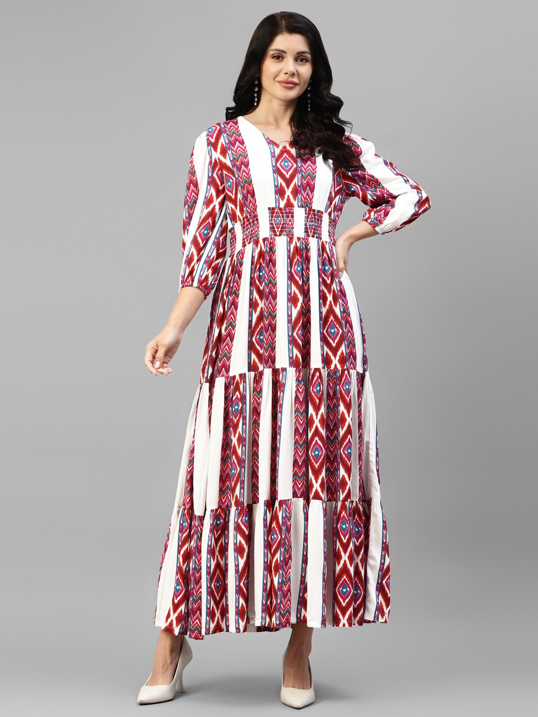 

DEEBACO Ethnic Motifs Printed Puff Sleeve Tiered Fit And Flare Maxi Dress, White