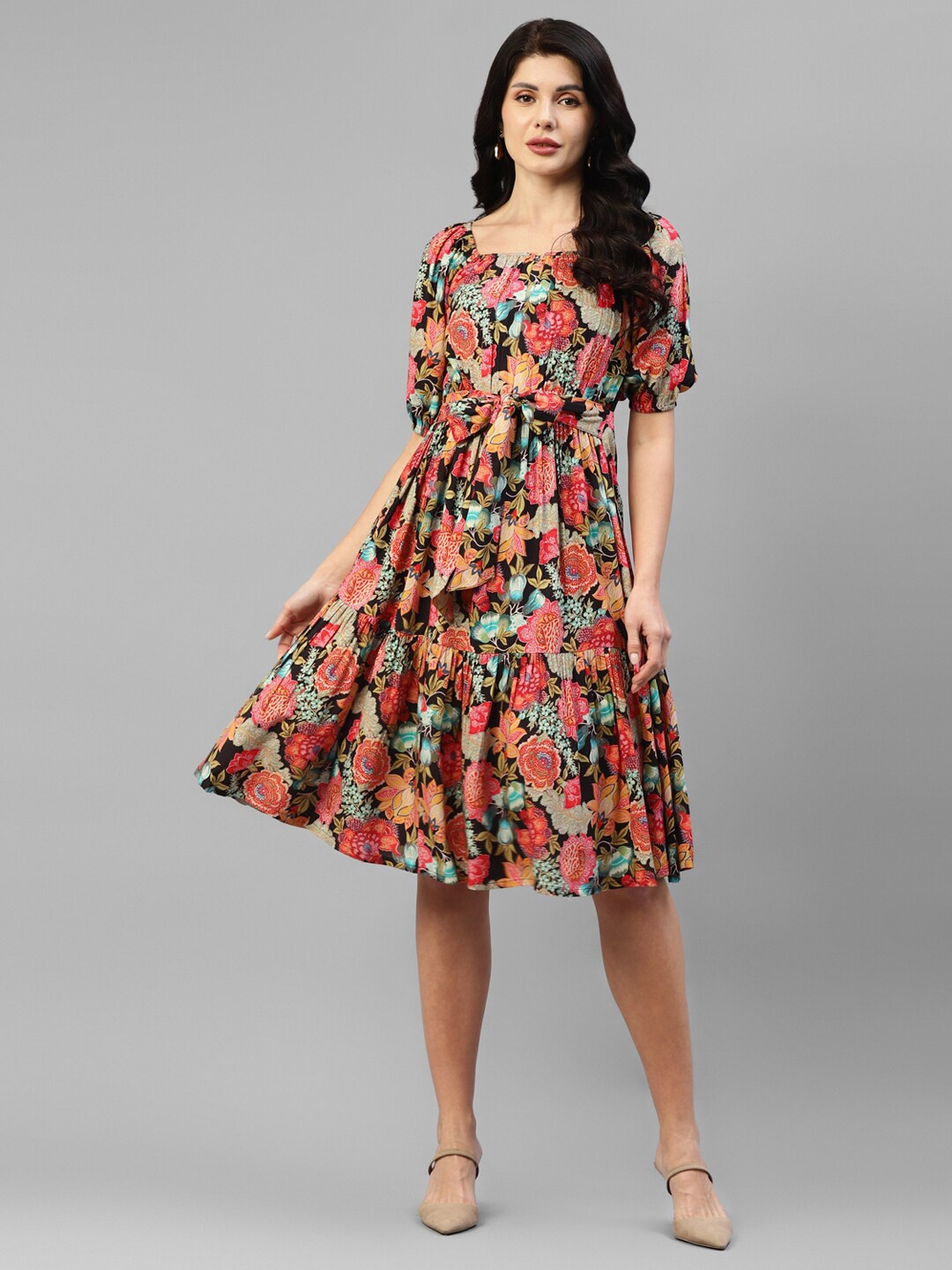 

DEEBACO Floral Printed Puff Sleeve Tiered Fit and Flare Dress, Red