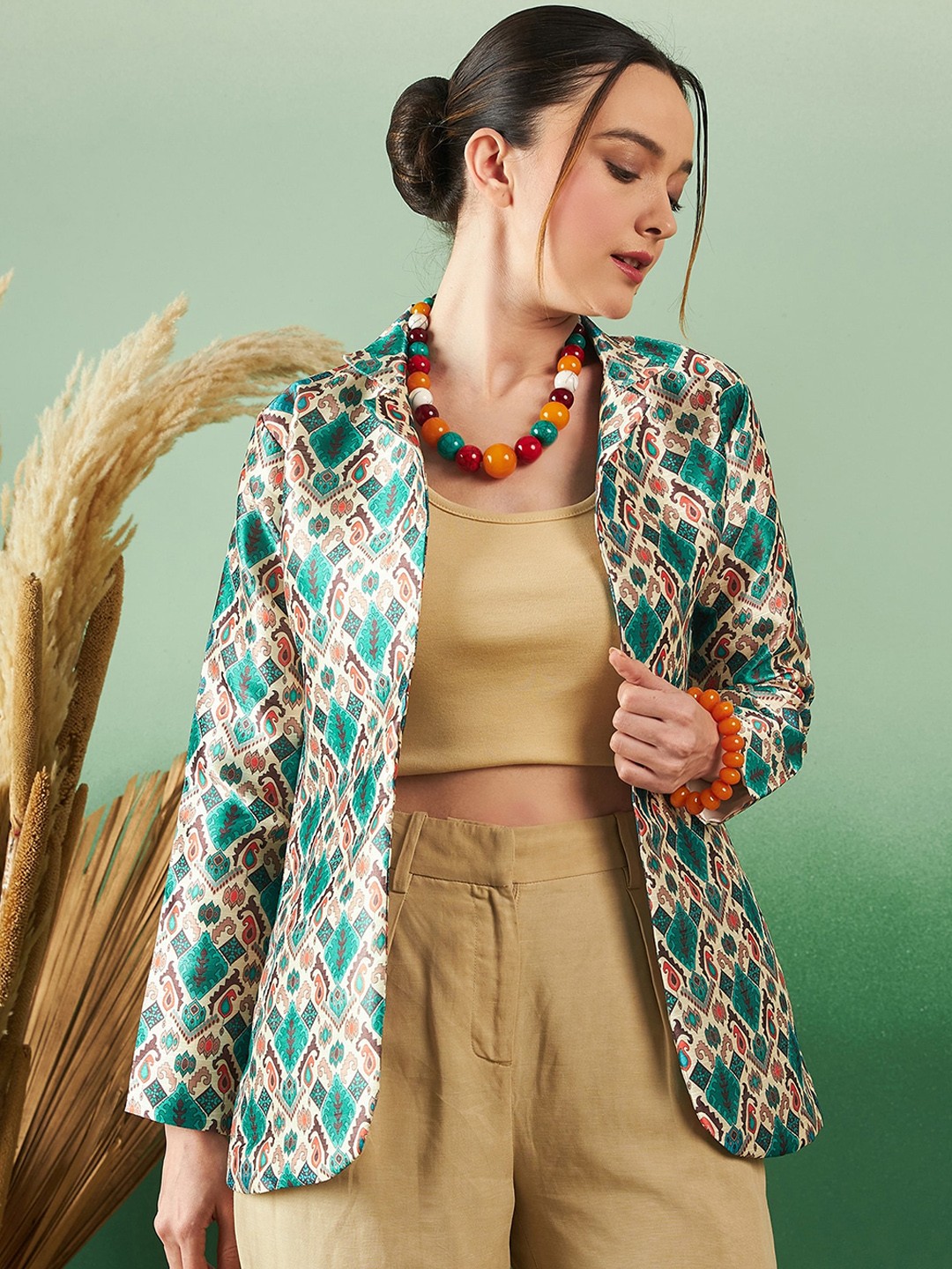 

Sangria Green Floral Printed Spread Collar Lightweight Silk Open Front Jacket