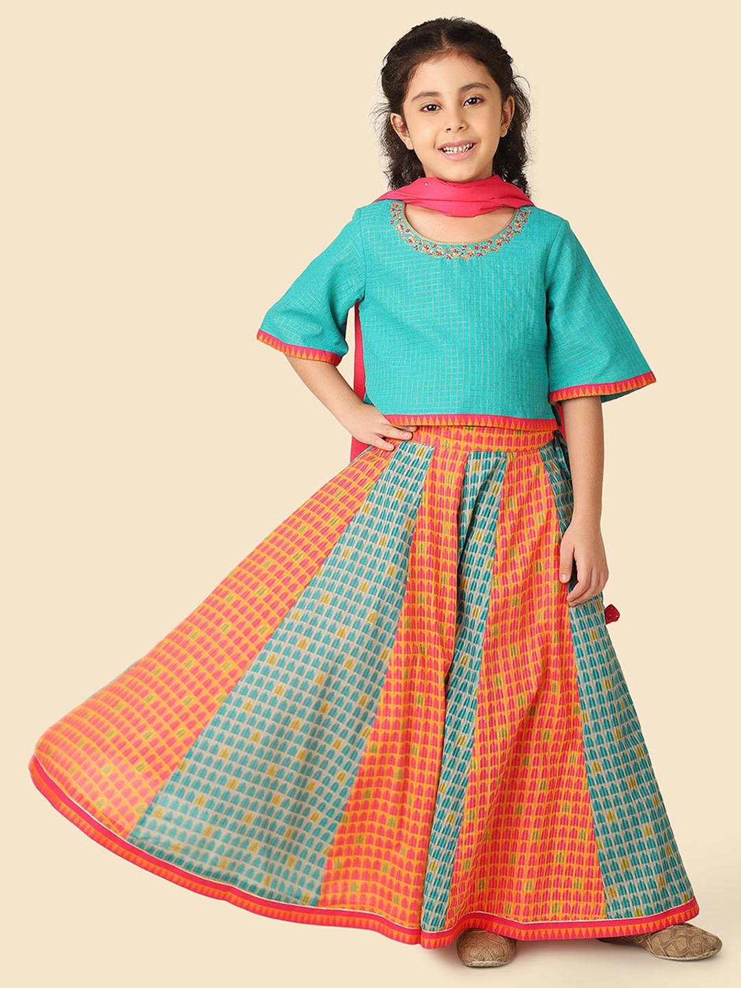 

Fabindia Girls Embroidered Cotton Ready to Wear Lehenga & Blouse With Dupatta, Blue