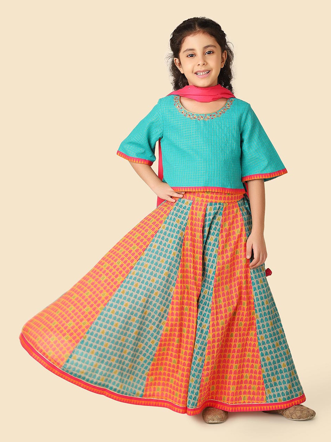 

Fabindia Girls Cotton Ready to Wear Lehenga & Blouse With Dupatta, Blue