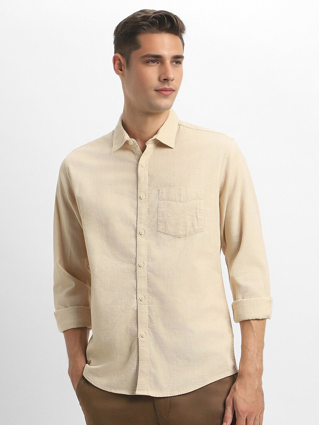 

FOREVER 21 Spread Collar Pure Cotton Casual Shirt, Beige