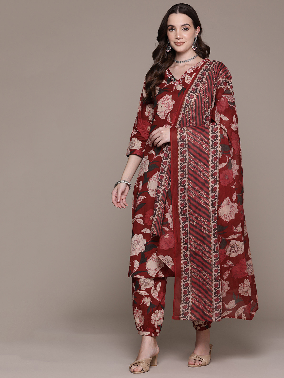 

Readiprint Floral Printed Thread Work Pure Cotton Kurta with Salwar & Dupatta, Maroon
