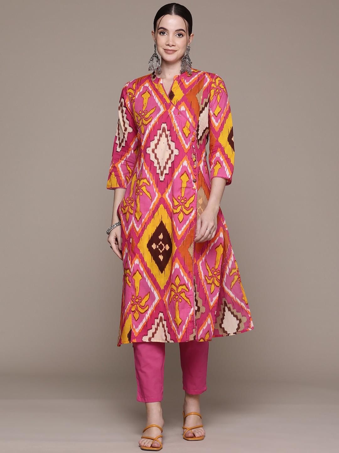 Readiprint Printed Angrakha Sequinned Pure Cotton Kurta with Trousers, Pink