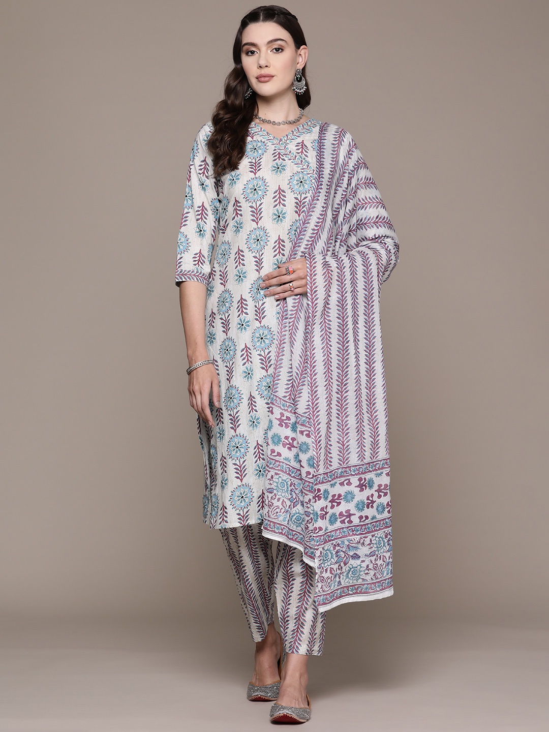 

Readiprint Floral Printed Sequinned Pure Cotton Kurta with Trousers & Dupatta, Blue