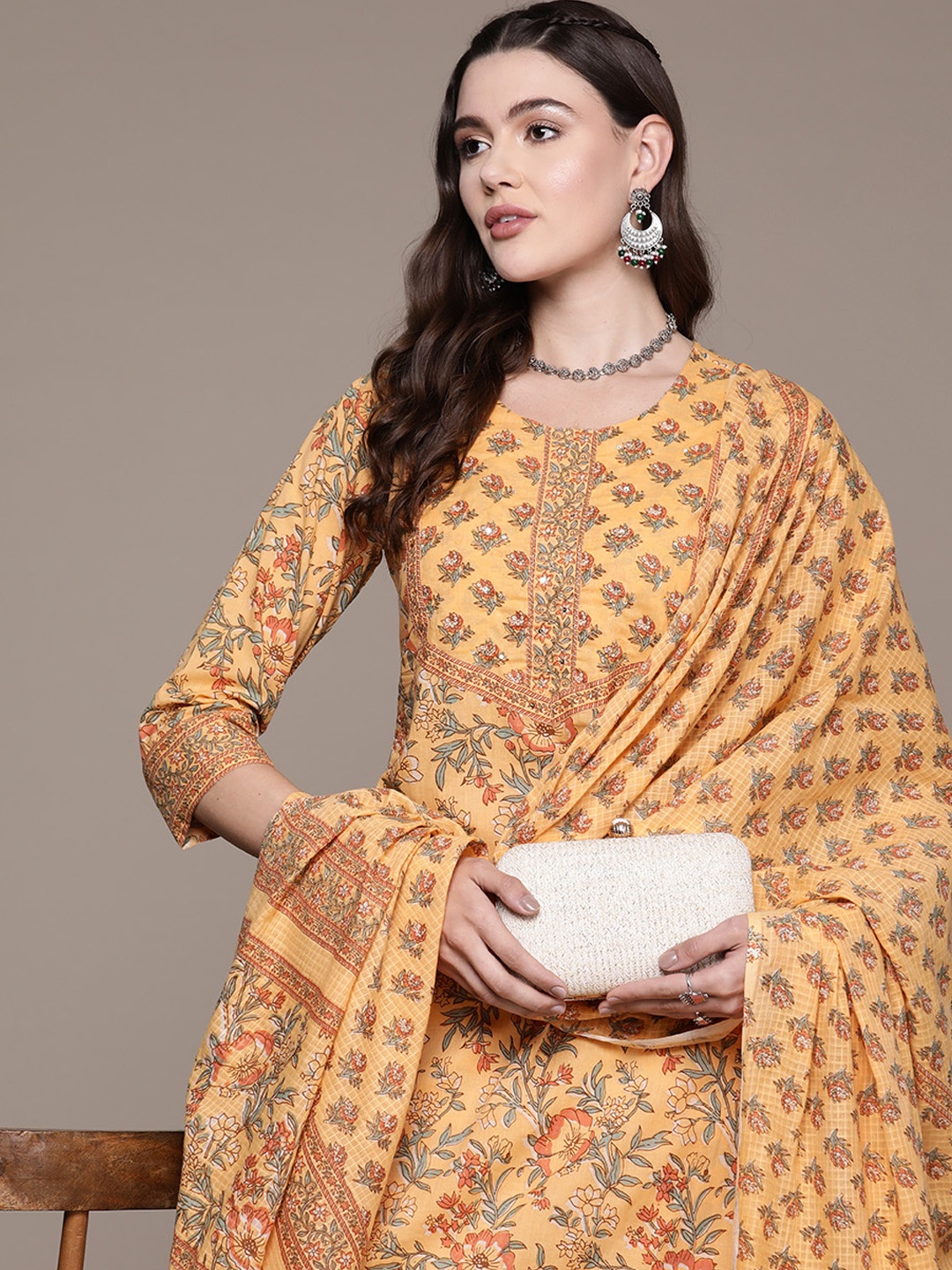 

Readiprint Floral Printed Sequinned Pure Cotton Kurta with Trousers & Dupatta, Orange