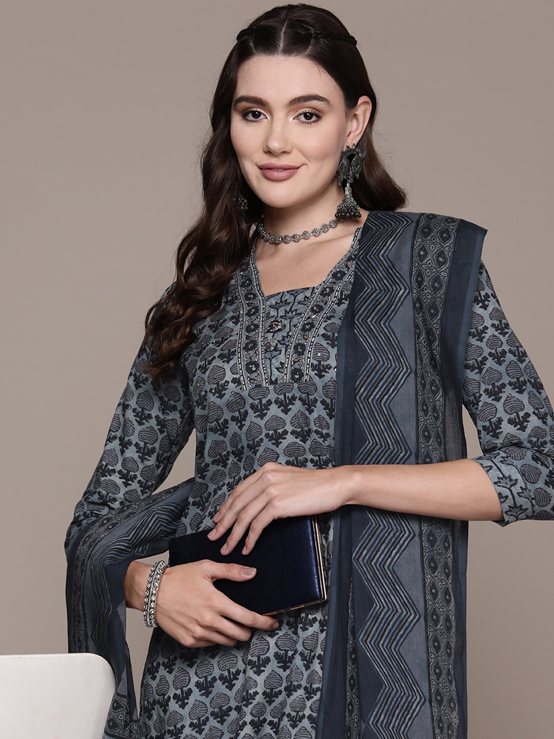 

Readiprint Ethnic Motifs Printed Sequinned Cotton Kurti with Palazzos & Dupatta, Grey