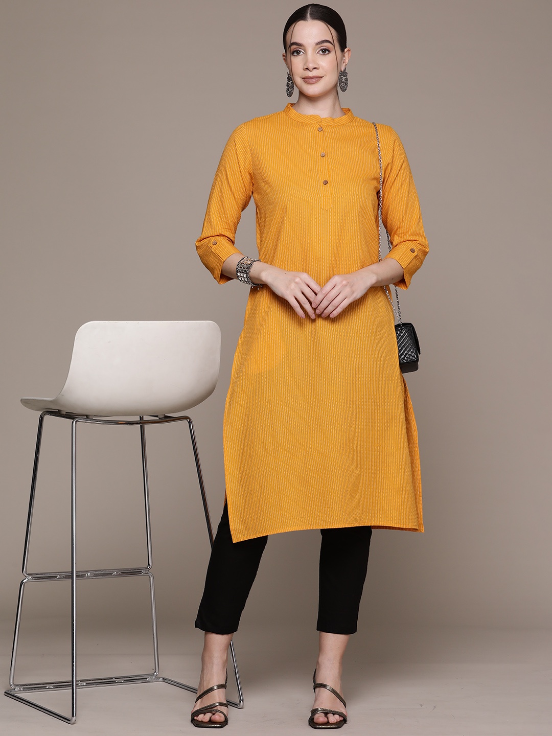 

Readiprint Embroidered Mandarin Collar Thread Work Pure Cotton Kurta, Mustard