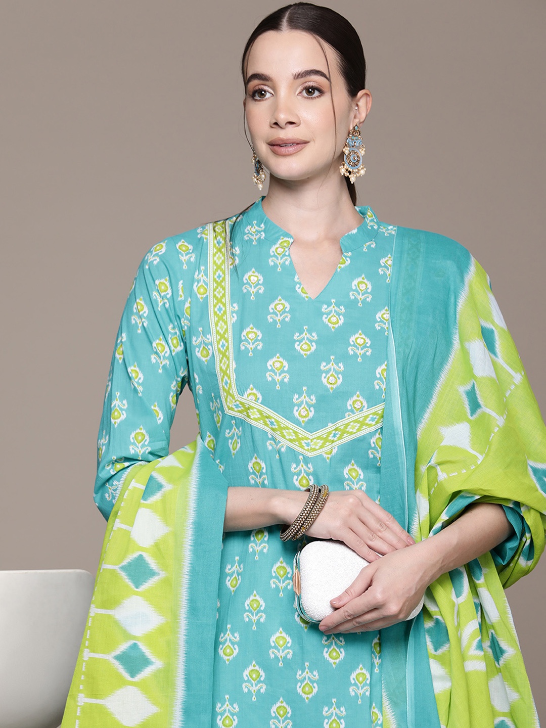 

Readiprint Fashions Ethnic Motifs Printed Sequinned Cotton Kurta with Palazzos & Dupatta, Turquoise blue